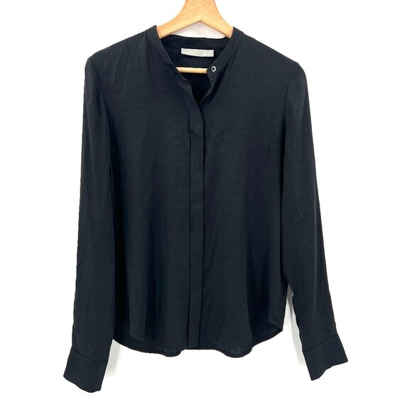 Vince collarless button front shirt black silk business casual career work top 6 - Picture 1 of 12